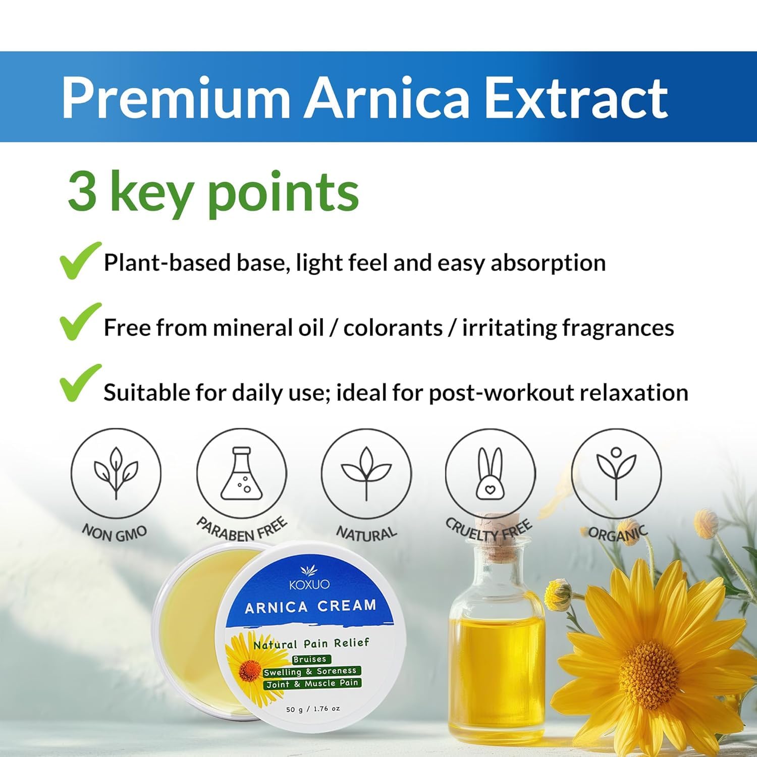 KOXUO Arnica Oil aroma close-up, natural scent supports calm skincare.