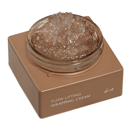 KOY Flow Lifting Wrapping Cream bottle showcases premium packaging and daily hydration benefits.