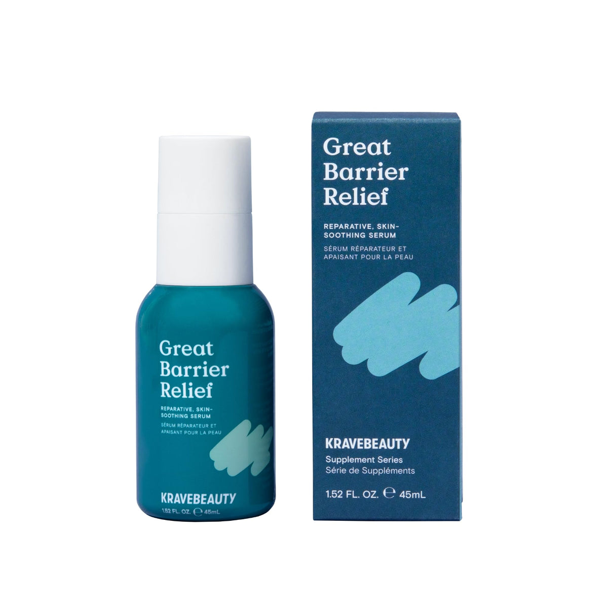KraveBeauty Great Barrier Relief Serum bottle closeup showing calm hydration for sensitive skin.