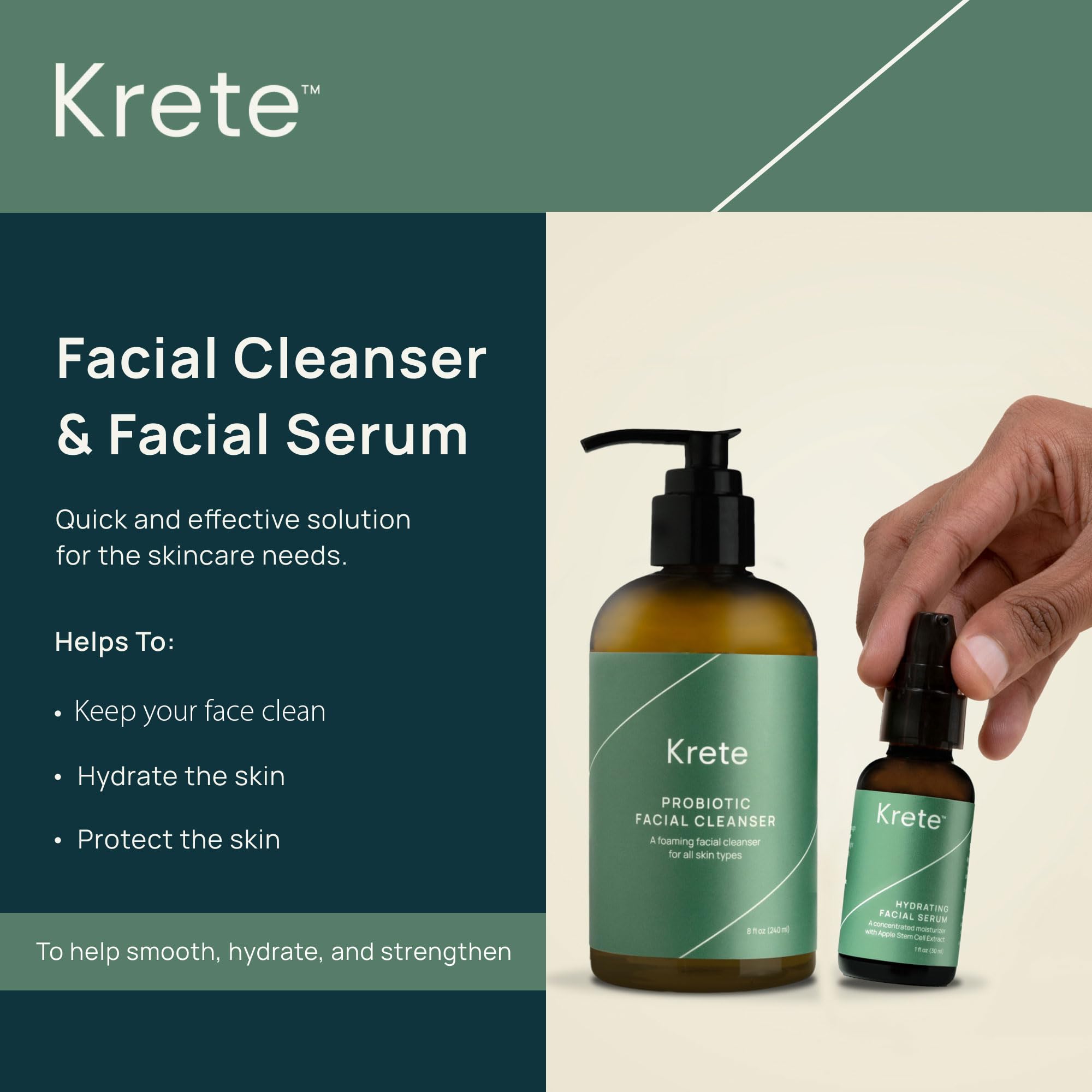 KRETE Probiotic Facial Cleanser pump dispense enables easy, gentle application.