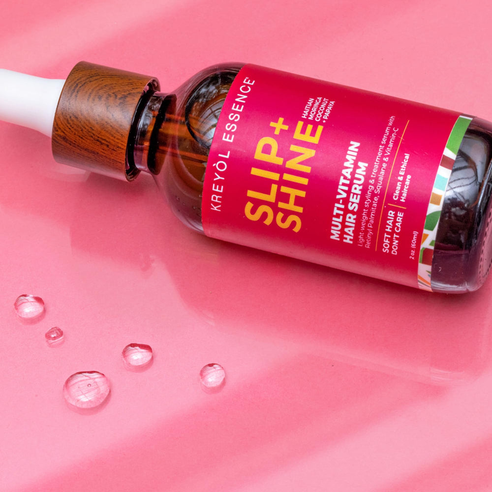 KREYÒL ESSENCE Protect + Shine serum adds a glossy finish to hair.