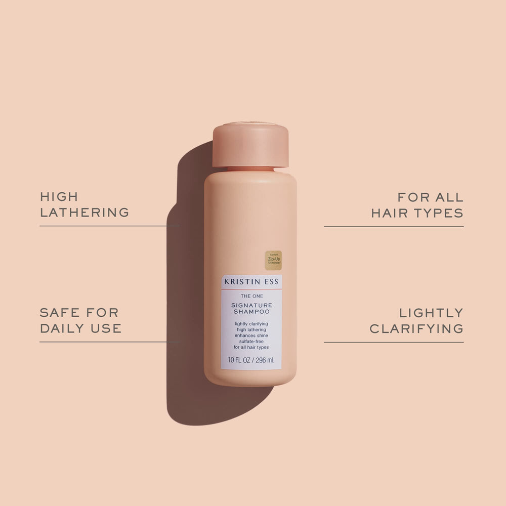 Kristin Ess conditioner pump application on hair strands