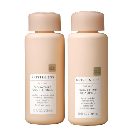 Kristin Ess One Signature shampoo bottle showing clarifying lather for daily cleanse