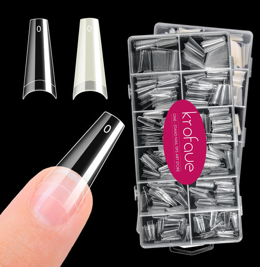 Krofaue coffin nail tips in box packaging for easy storage.