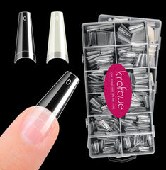 Krofaue coffin nail tips in box packaging for easy storage.