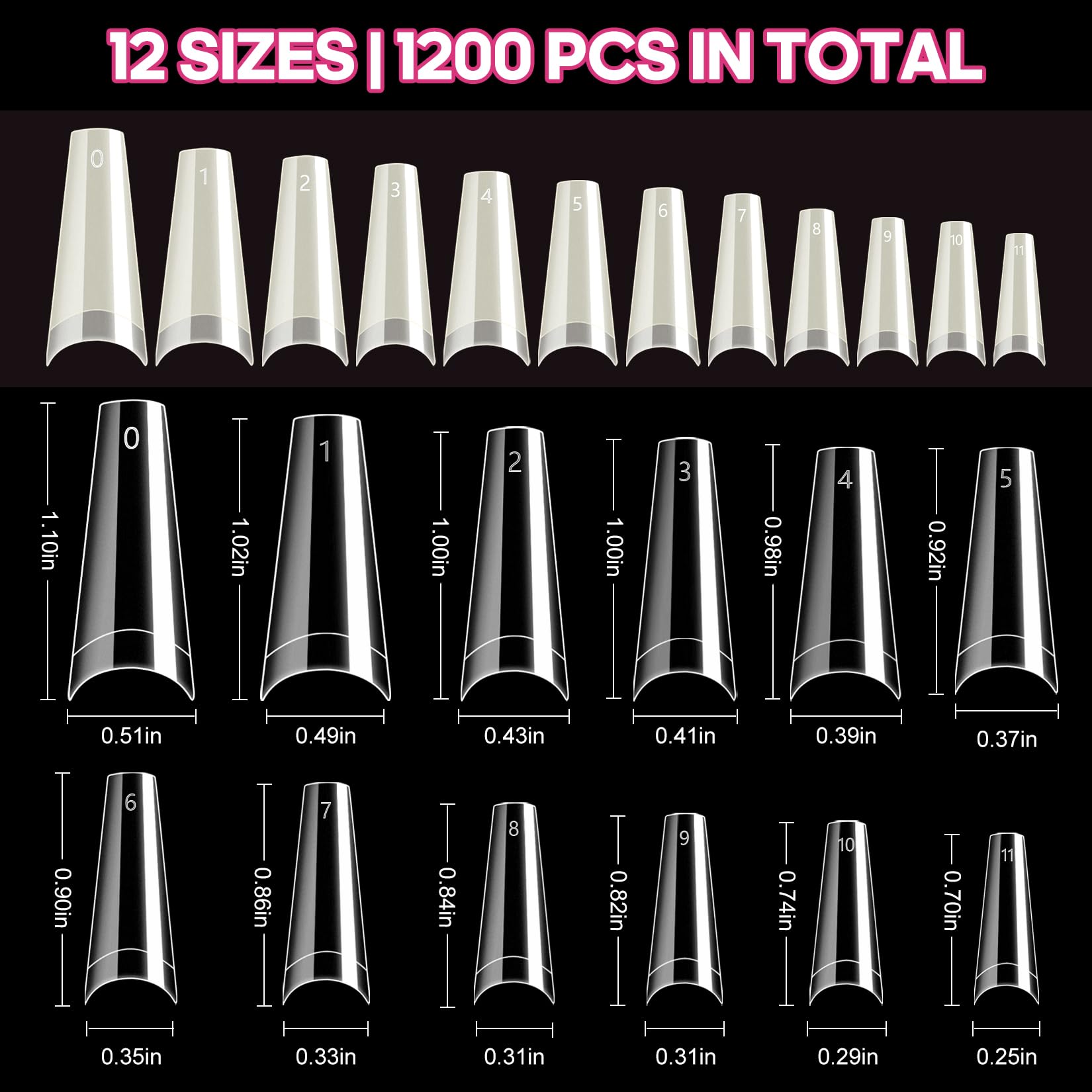 Krofaue coffin nail tips size-engraved 0-11 for quick sizing.
