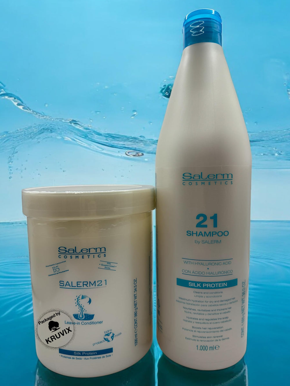 Kruvix Salerm 21 leave-in conditioner bottle showing silky shine and easy styling