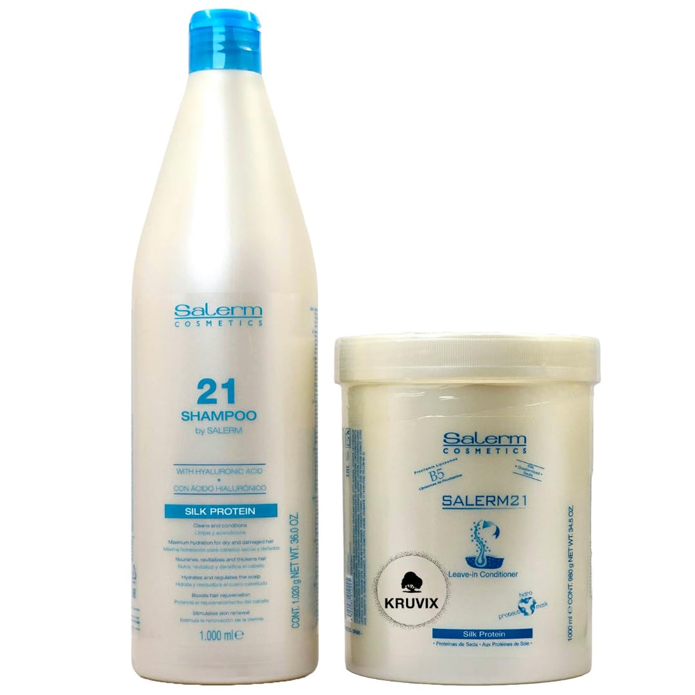 Kruvix Salerm 21 shampoo bottle highlighting hydrating cleansing for dry hair