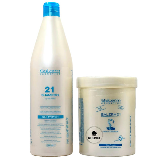 Kruvix Salerm 21 shampoo bottle highlighting hydrating cleansing for dry hair