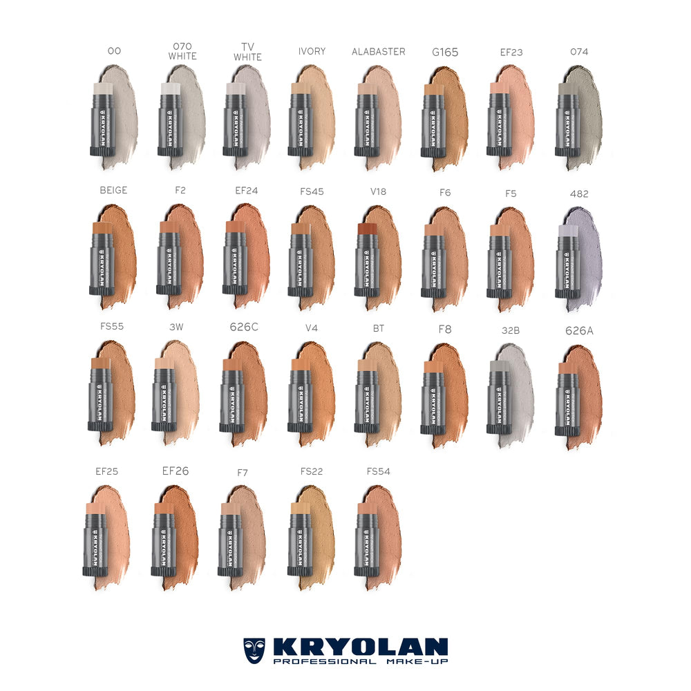 Stage lighting highlights long-wearing Kryolan TV Paint Stick finish.