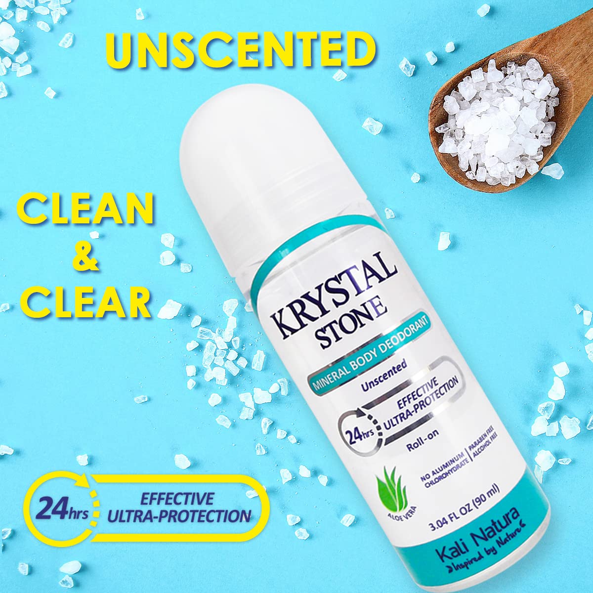 KRYSTAL STONE Lemongrass roll-on bottle delivers citrusy brightness for energetic mornings.