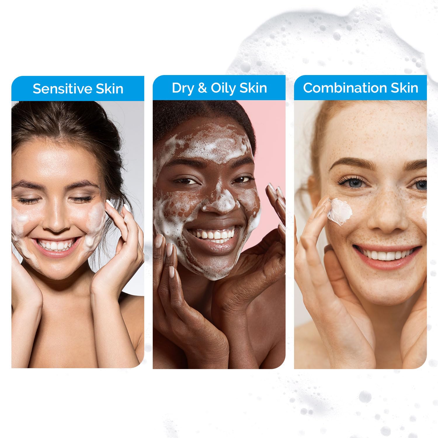 Benetus Lacto Alaska Bubble Foam massaged on face for gentle cleansing.