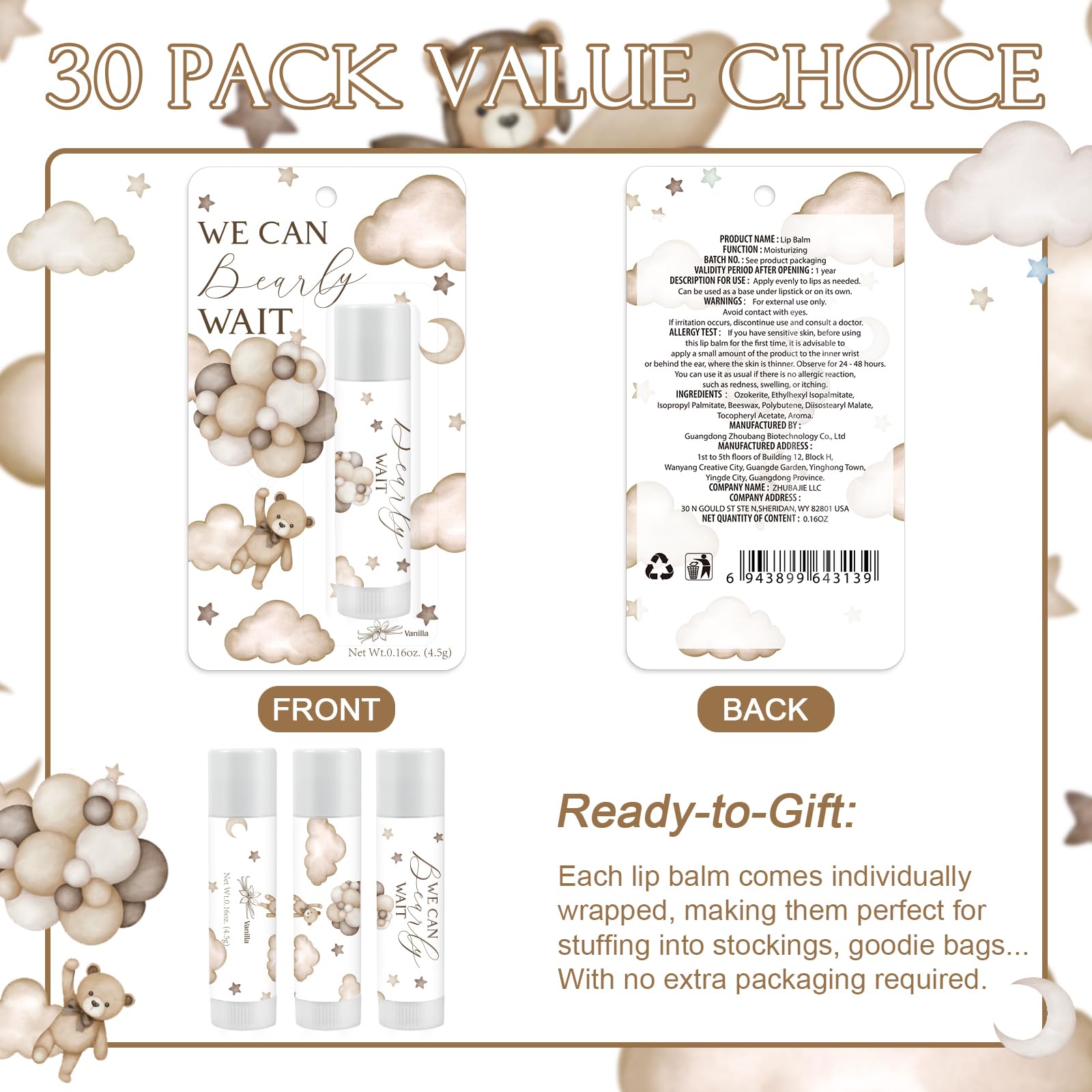 Kuabiz bear design packaging enhances baby shower vibe.