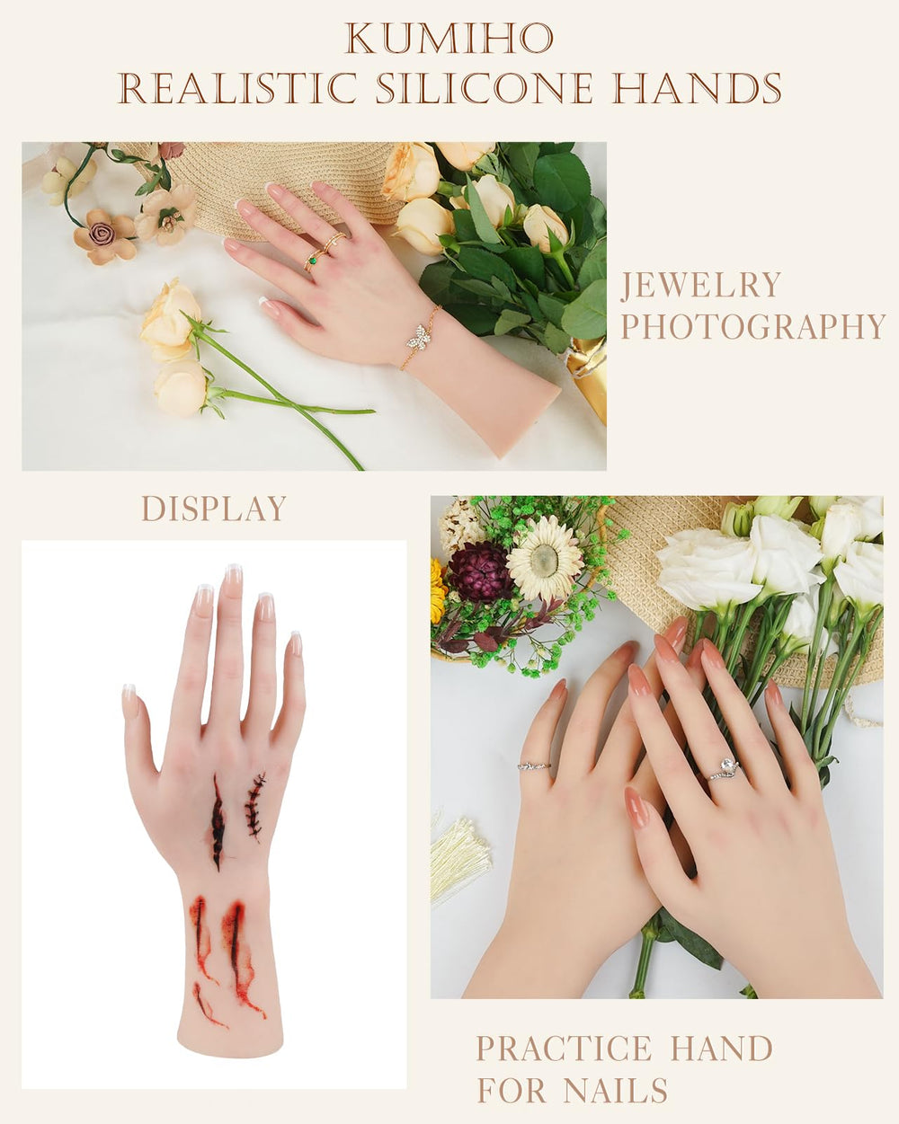 KUMIHO silicone hand display for jewelry with skeleton offers stable pose ideal for product photos.