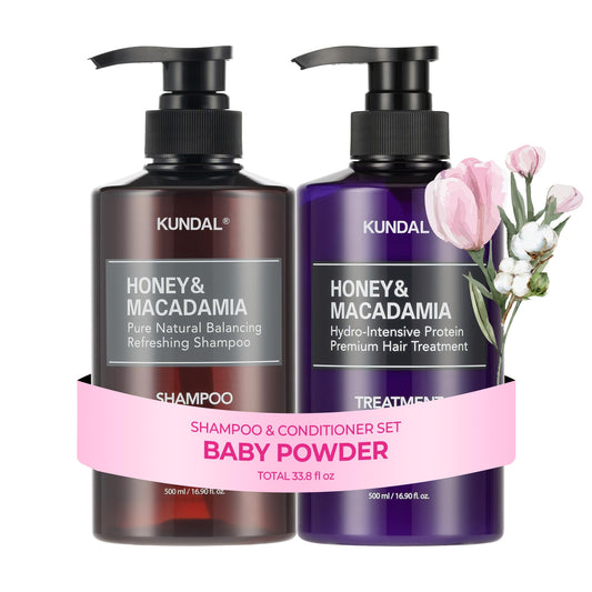 KUNDAL Baby Powder shampoo bottle showing sulfate-free cleansing for gentle daily care.