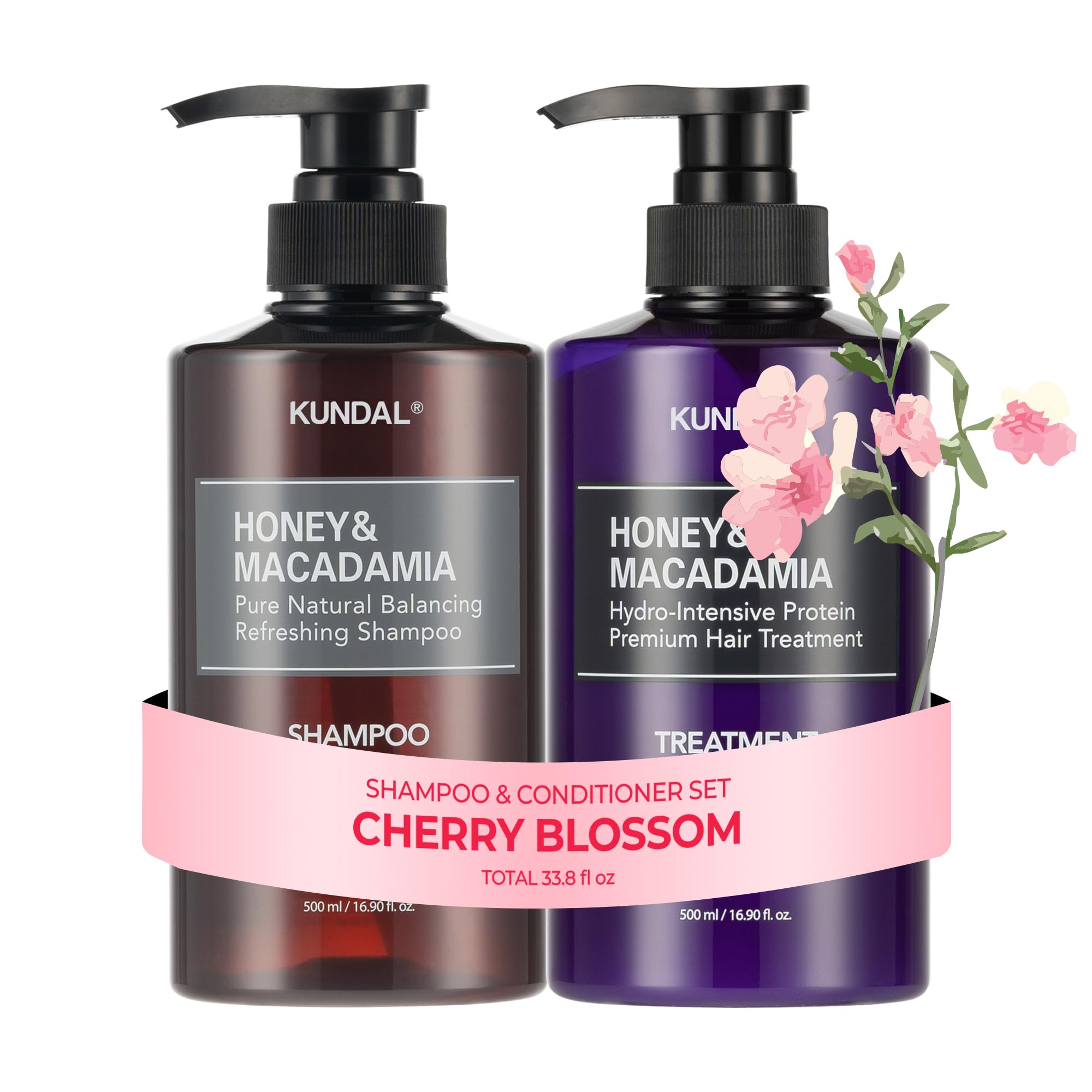 KUNDAL Cherry Blossom shampoo bottle highlights a sulfate-free formula for gentle cleansing.