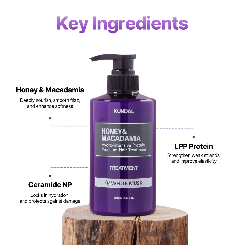 Wet-hair scene showing cleansing and hydration with Honey & Macadamia.