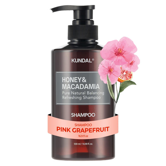 KUNDAL Pink Grapefruit shampoo bottle showing sulfate-free formula for gentle cleansing.