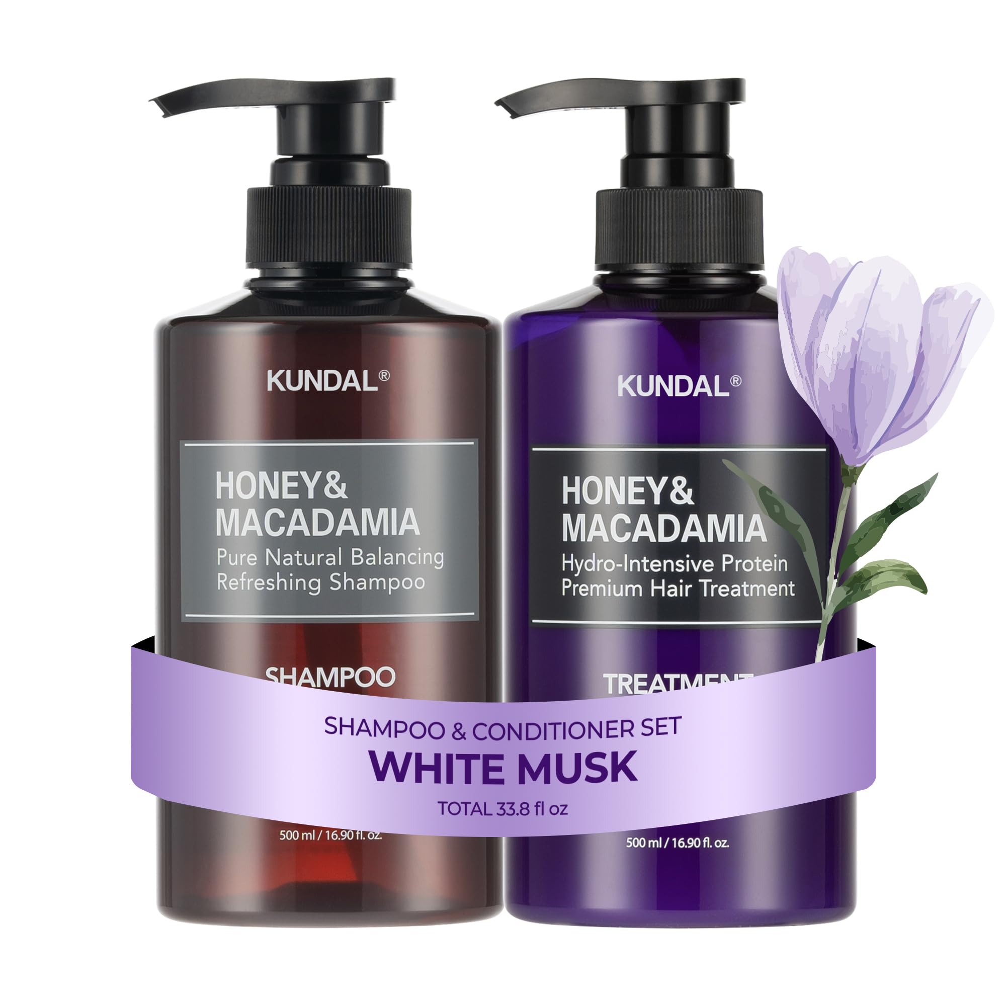 KUNDAL White Musk shampoo bottle with lasting scent for daily use.