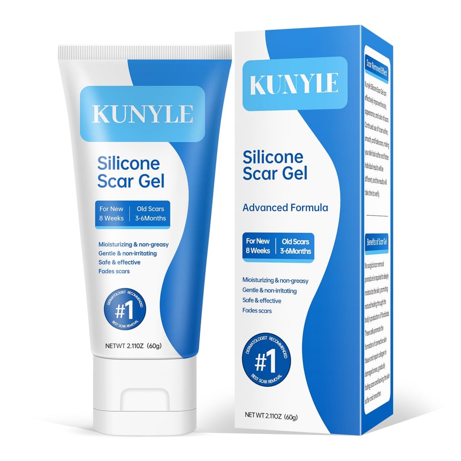 Kunyle silicone scar gel jar front, compact packaging for daily scar care.