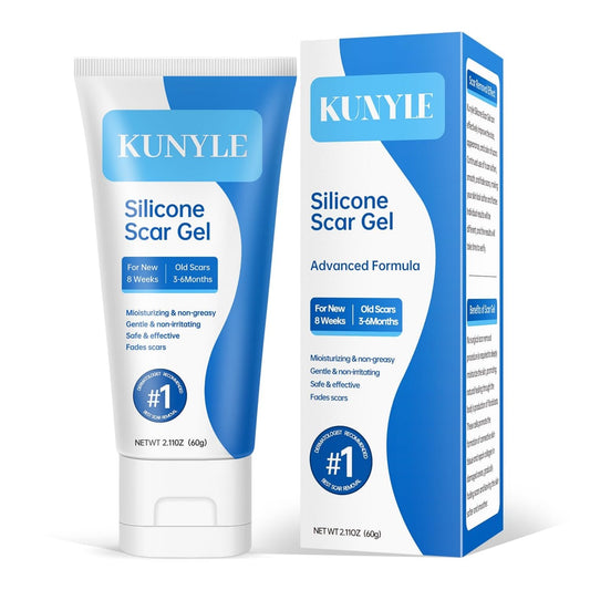 Kunyle silicone scar gel jar front, compact packaging for daily scar care.