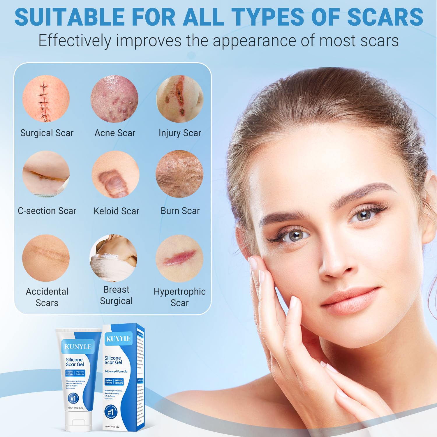 Kunyle silicone scar gel swatch on skin shows light absorption.