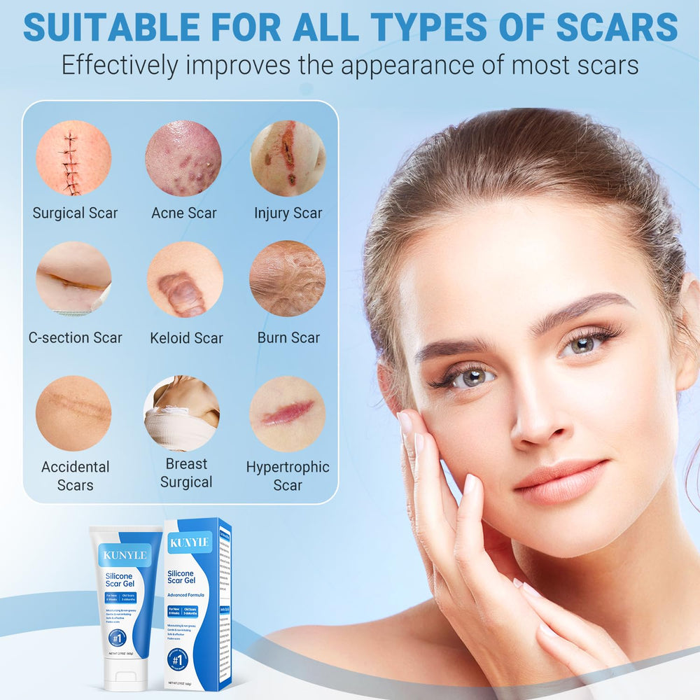 Kunyle silicone scar gel swatch on skin shows light absorption.