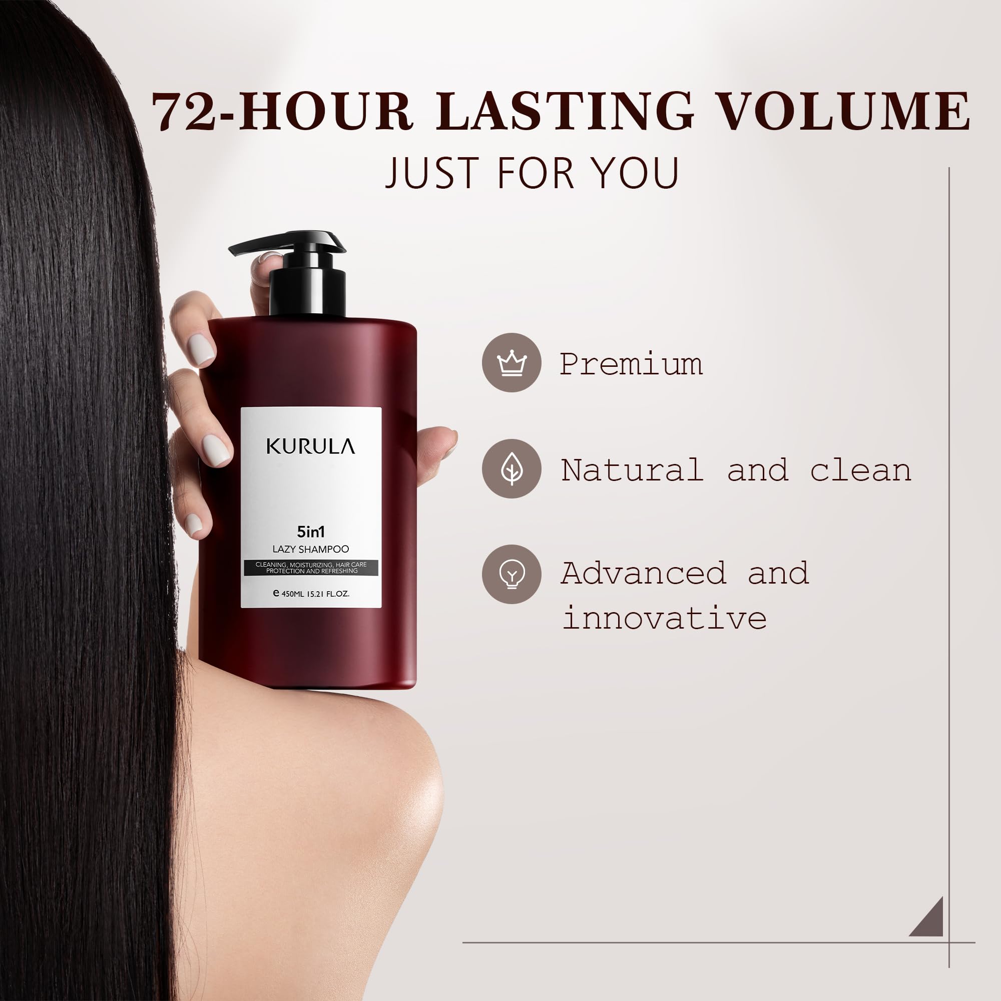Kurula shampoo camellia oil bottle highlights natural oil benefits.