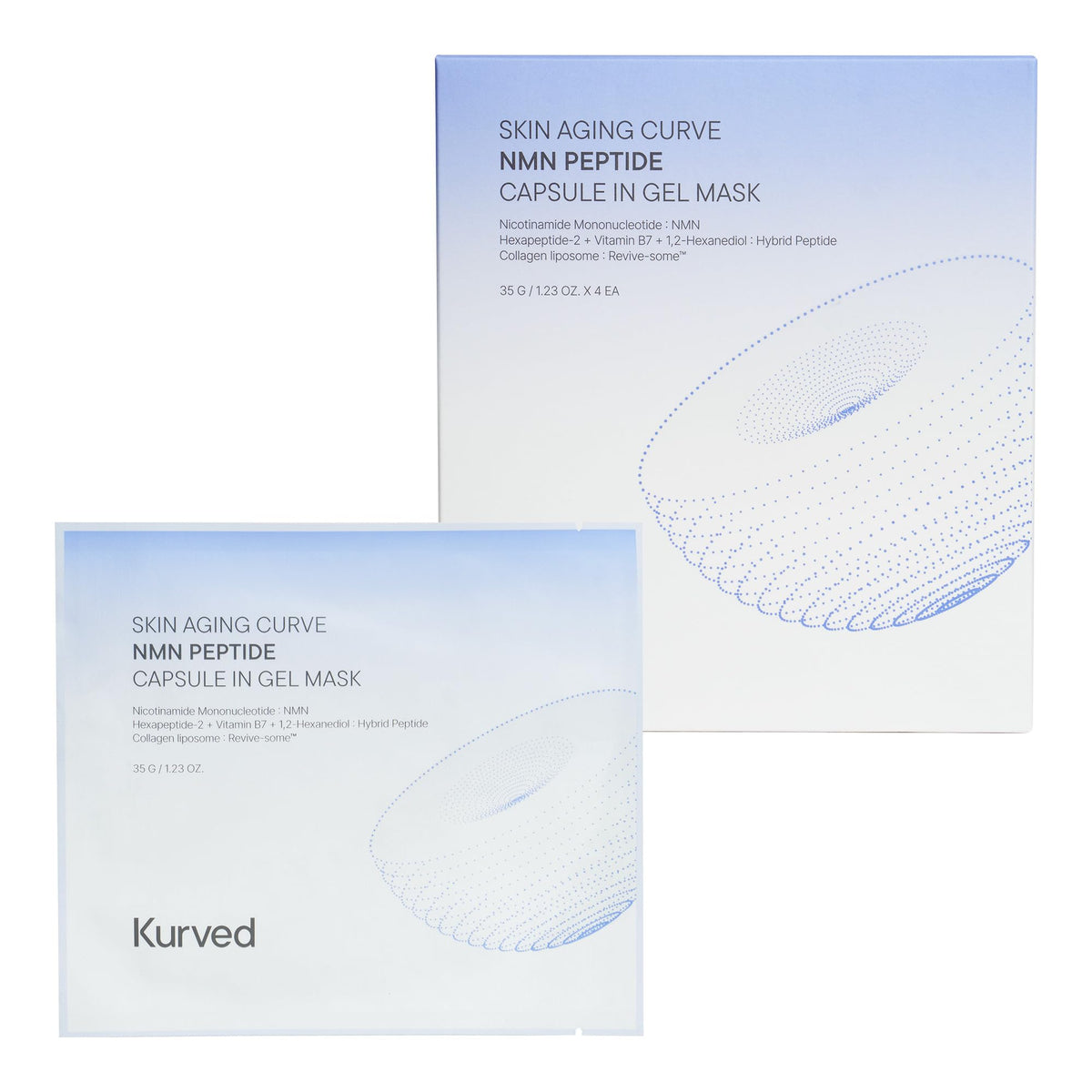 Kurved Skin Aging Curve NMN Peptide Gel Mask packaging highlights hydration potential.