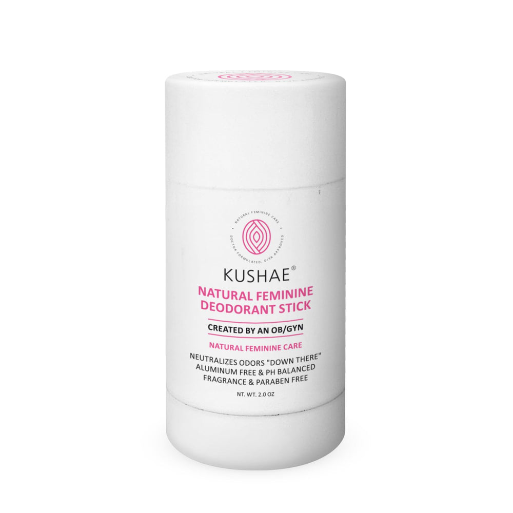 Kushae feminine deodorant stick packaging front for on-the-go freshness.