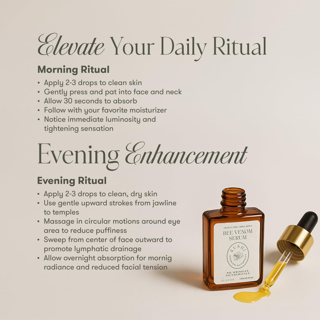 KUSHI Bee Venom Serum jar and dropper conveys premium, precise application