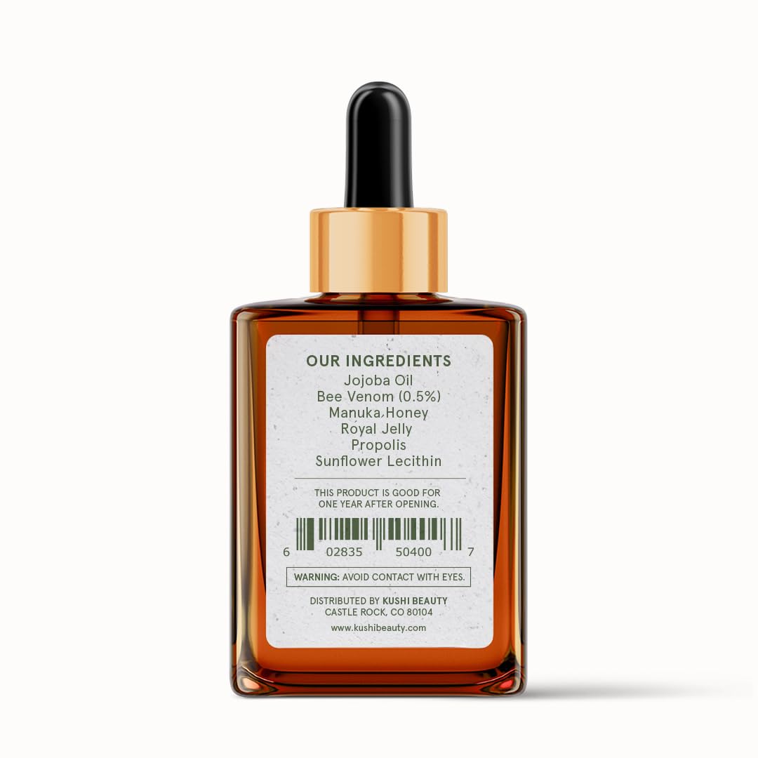 KUSHI Bee Venom Serum packaging close-up emphasizes cruelty-free, small-batch production