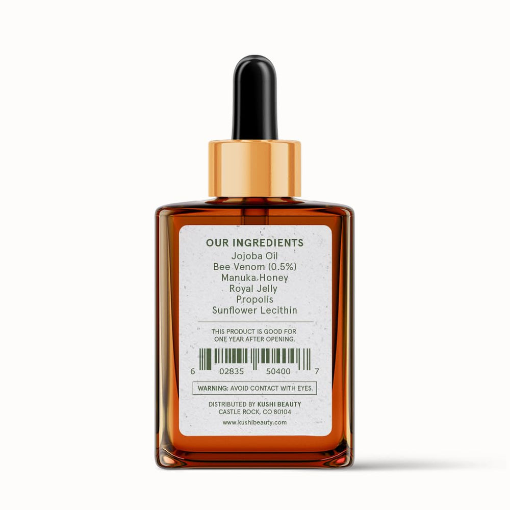 KUSHI Bee Venom Serum packaging close-up emphasizes cruelty-free, small-batch production