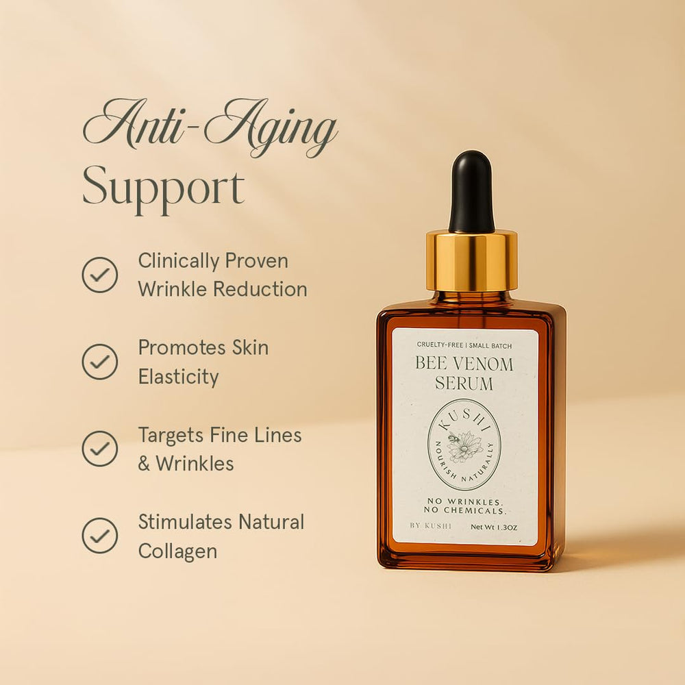 KUSHI Bee Venom Serum texture close-up shows nourishing jojoba and Manuka honey