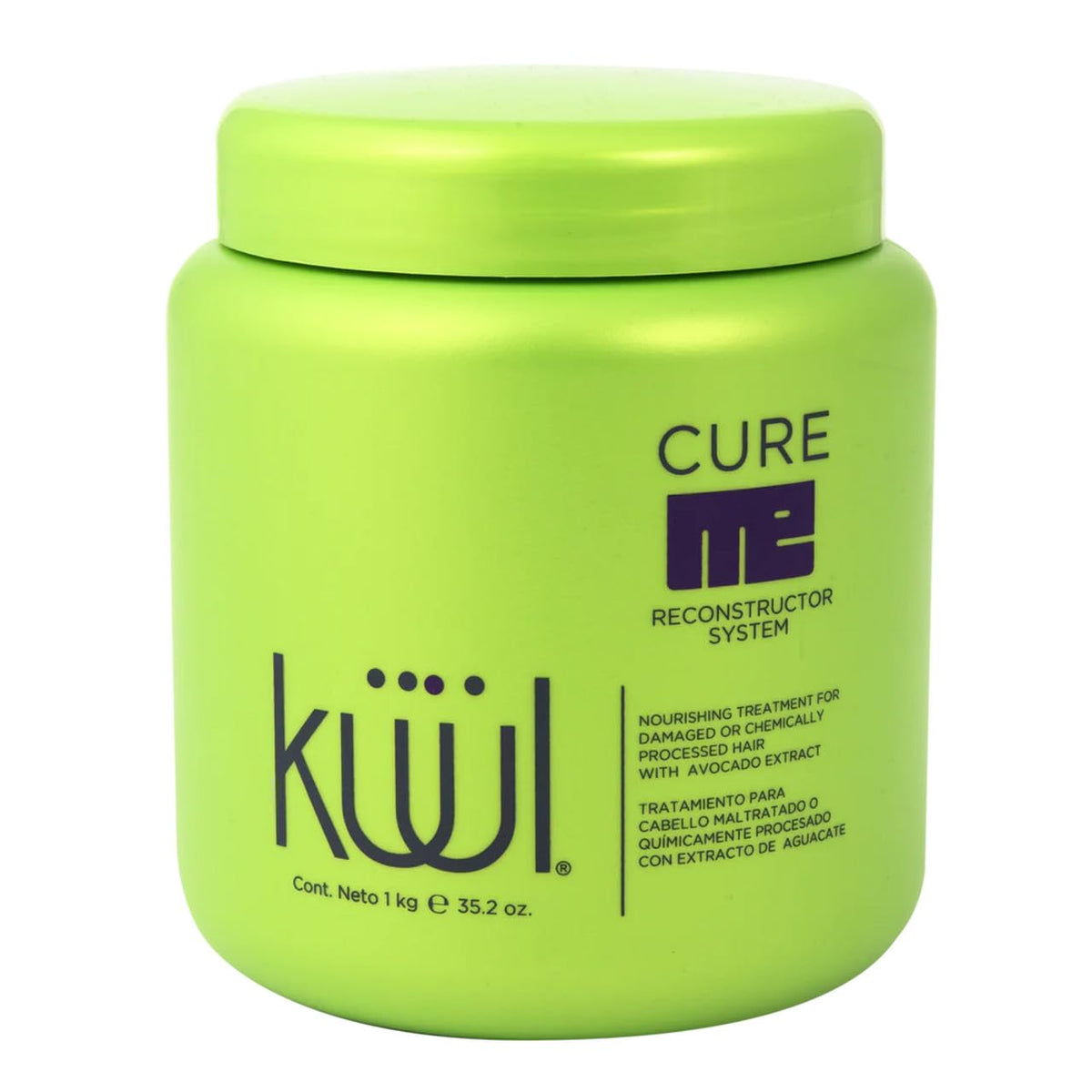 Kuul Cure Me Reconstructor bottle pour with avocado-infused formula for damaged hair.
