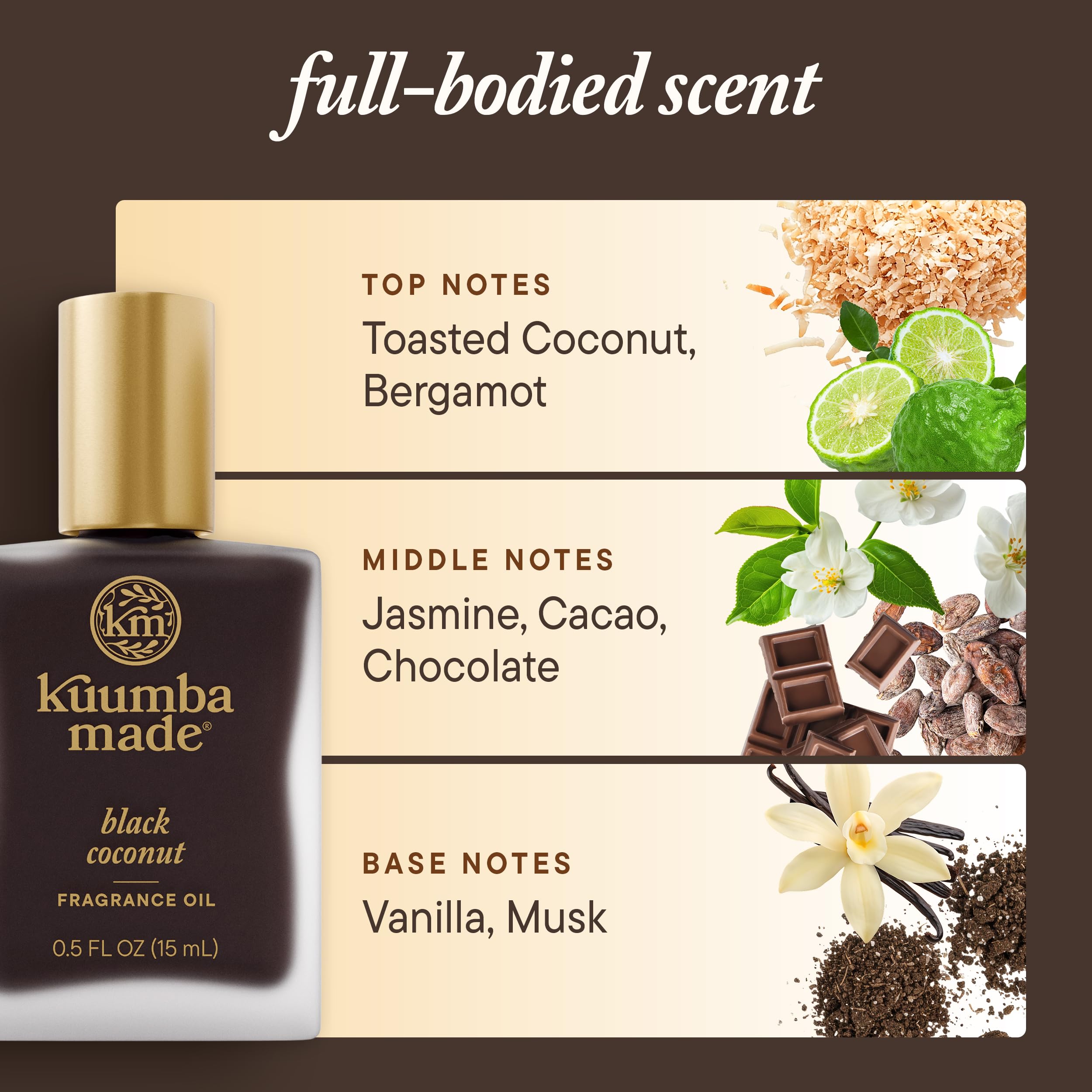 Kuumba Made Black Coconut fragrance oil packaging emphasizes cruelty-free and vegan credentials.