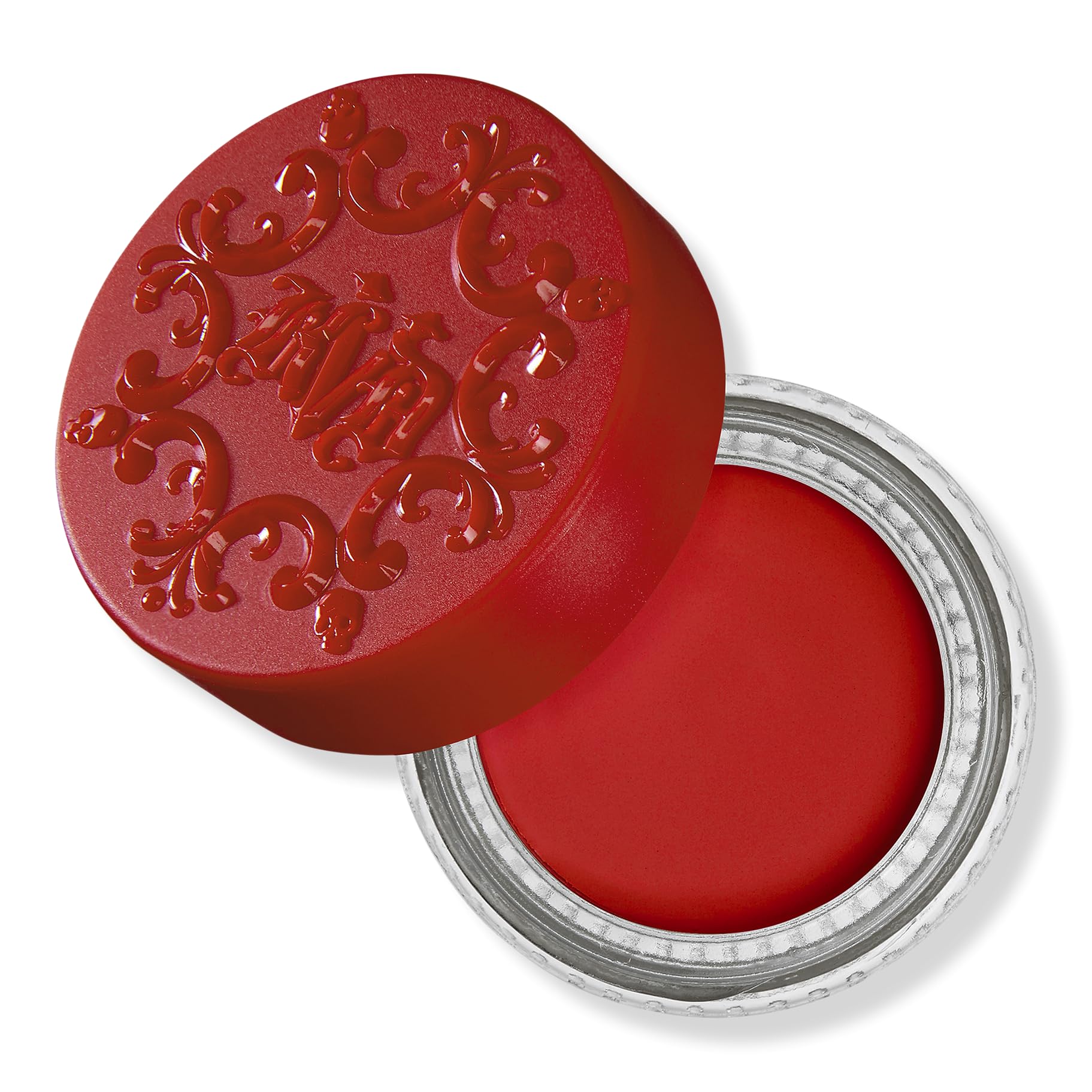 KVD Beauty Super Pomade Scarlet jar demonstrates versatile eyeliner, shadow, and brow pigment for bold looks.