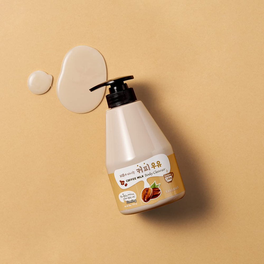 Kwailnara Coffee Milk Body Wash packaging display emphasizing premium ingredients