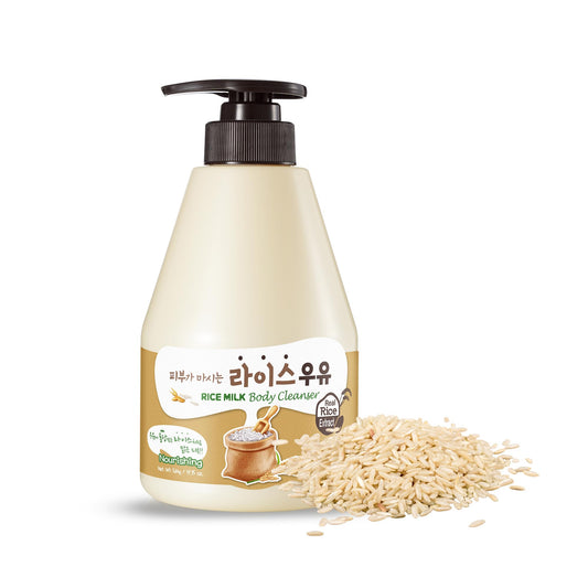 Kwailnara Rice Milk Body Wash bottle on shelf showing hydration