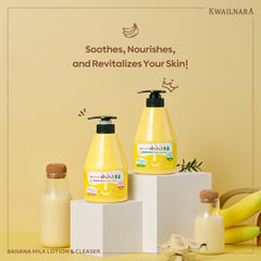 Kwailnara WELCOS Banana Milk Body Lotion bottle showing quick absorption and silky finish.