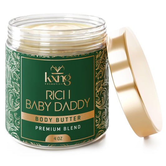 KXNG Cosmetics Luxury Shea Body Butter Cream 4oz jar provides long-lasting hydration.
