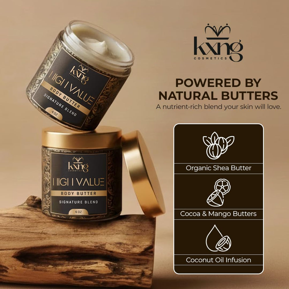 Ingredients display of KXNG Cosmetics Shea Butter with nourishing oils