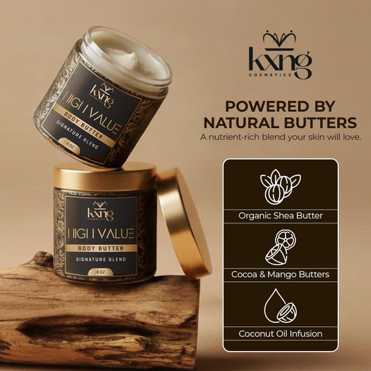 Ingredients display of KXNG Cosmetics Shea Butter with nourishing oils