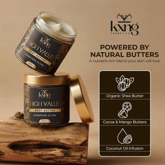 Ingredients display of KXNG Cosmetics Shea Butter with nourishing oils