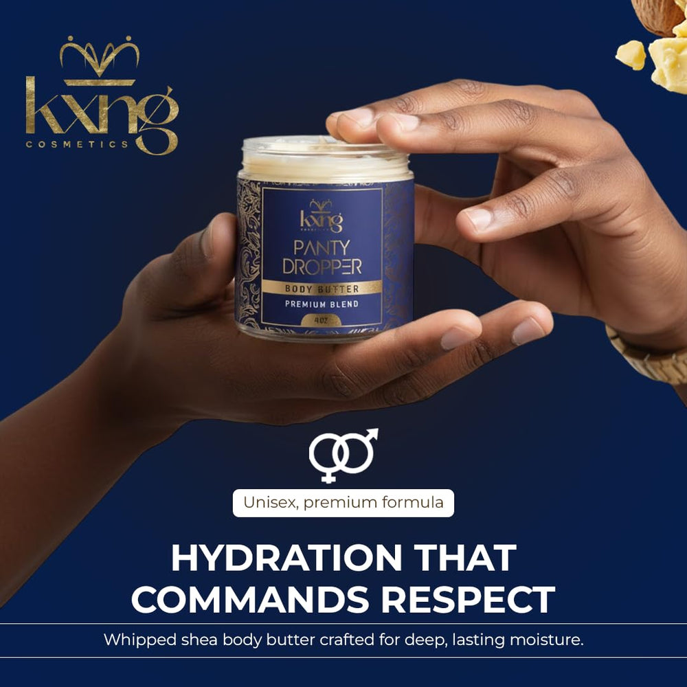KXNG Cosmetics Shea Butter Texture Close-Up shows silky, non-greasy absorption.