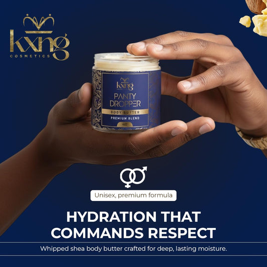 KXNG Cosmetics Shea Butter Texture Close-Up shows silky, non-greasy absorption.