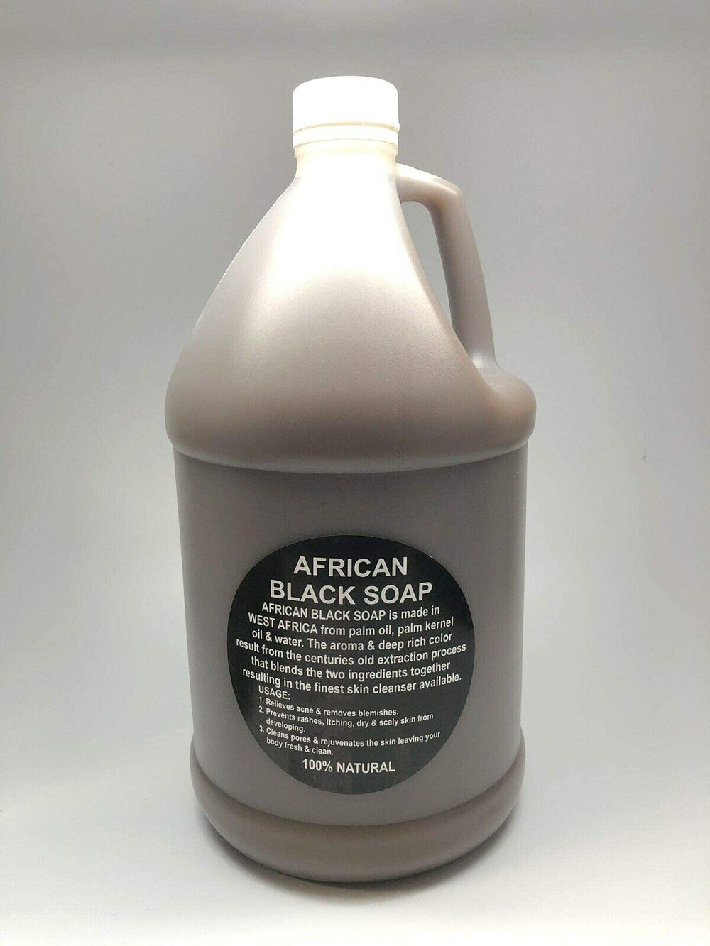 Kyabo Liquid African Black Soap 1-gallon label closeup, showcasing natural raw formula.