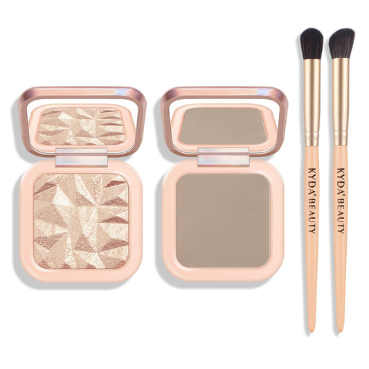 KYDA baked highlighter palette showing champagne glow on cheek for subtle radiance