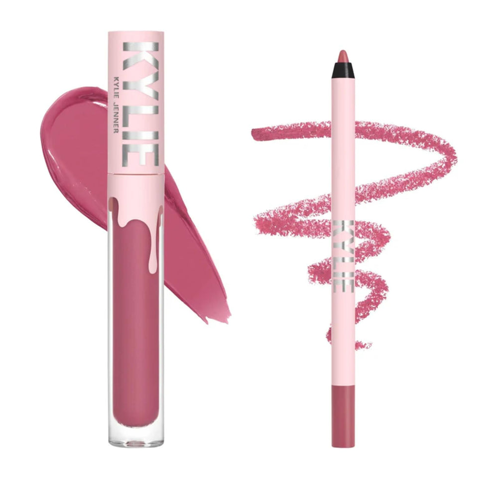 Kylie Cosmetics lip kit packshot with Posie K showing dual lipstick and liner for smooth color.