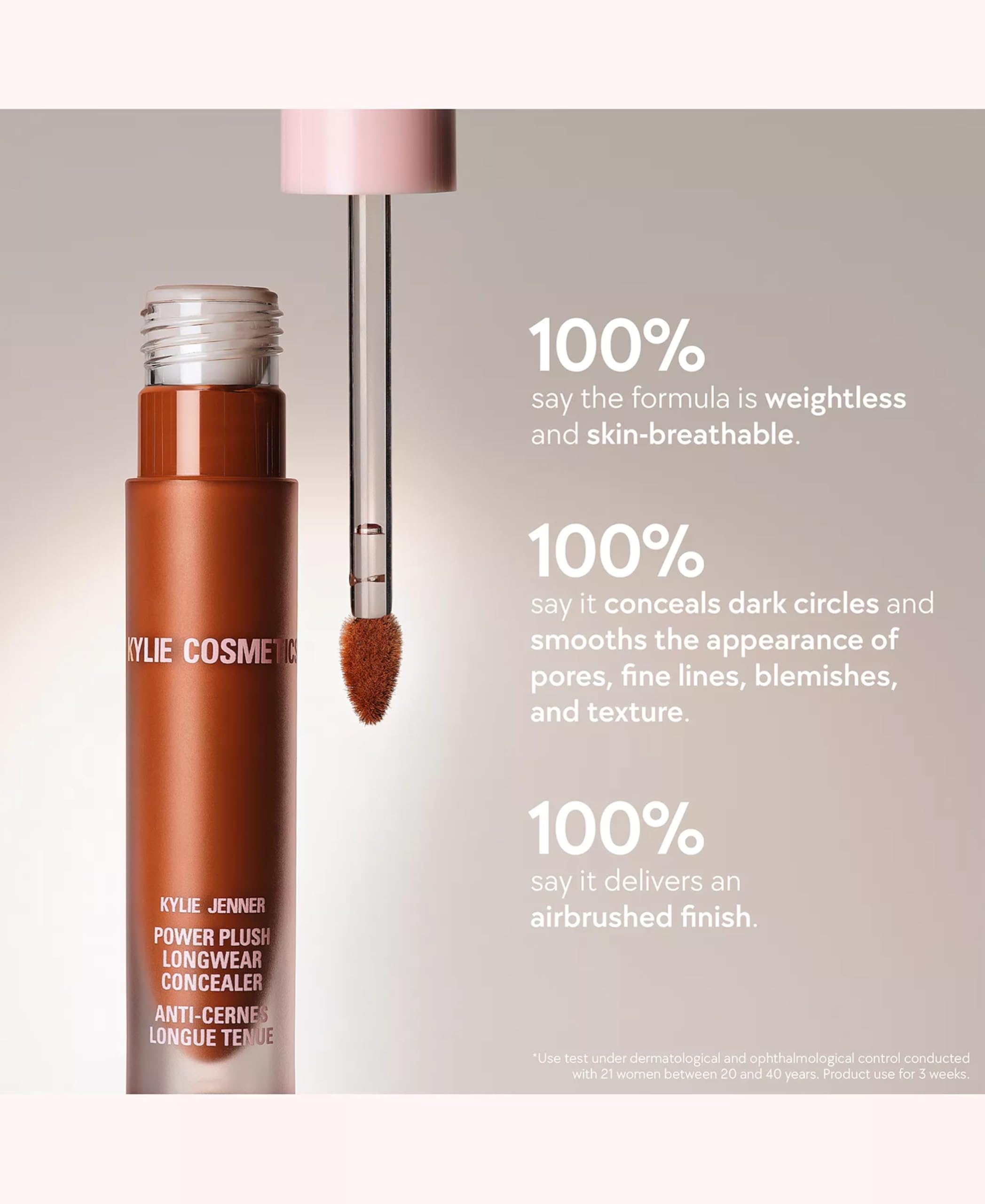 Kylie Cosmetics Power Plush Concealer applied on the under-eye area for brightness.